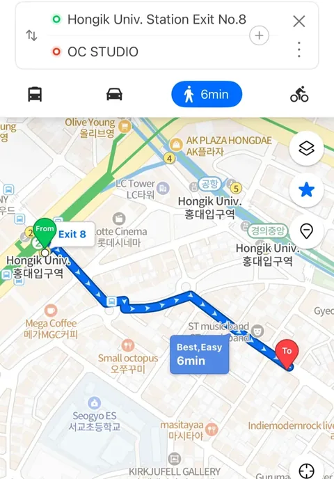 Walking route on Naver Map from Hongik Univ. Station exit 8 to OC Studio, 6 minutes